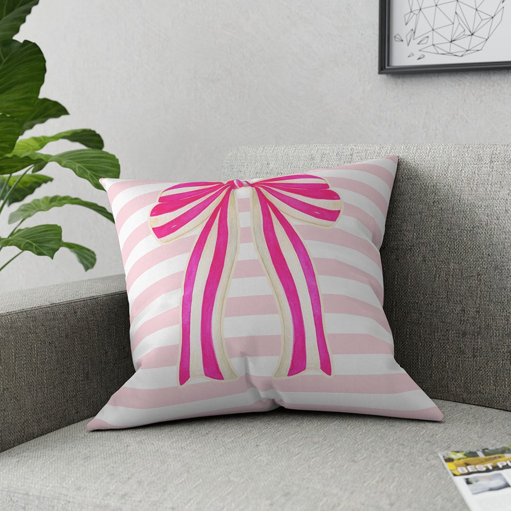 Pink Ribbon Throw Pillow Pink, Stylish Feminine Glam Room Decor Pillow