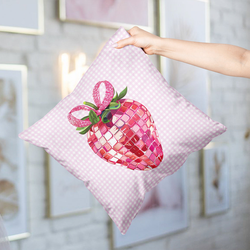 Pink Strawberry Disco Ball Throw Pillow – Fun & Festive Decor for Girls