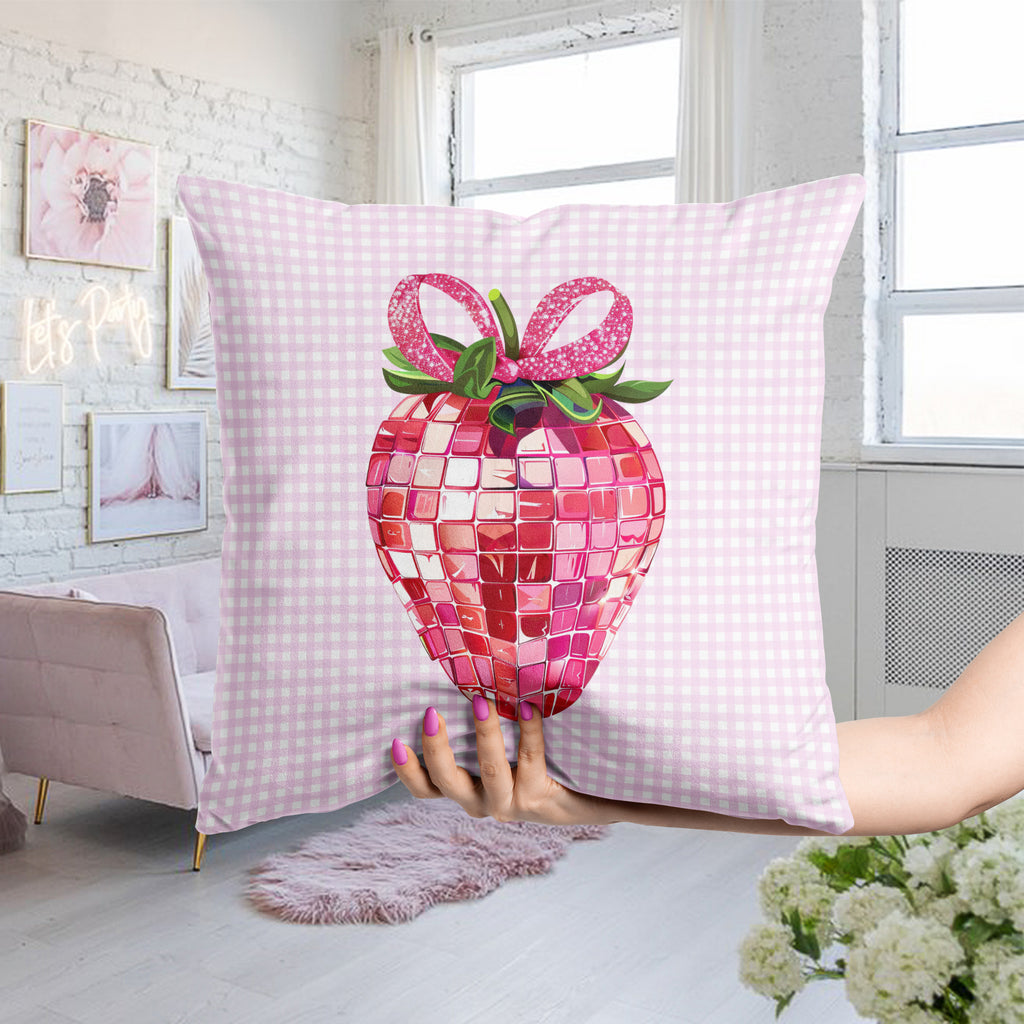 Pink Strawberry Disco Ball Throw Pillow – Fun & Festive Decor for Girls