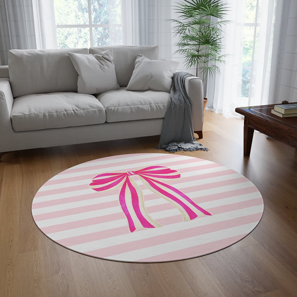 Pink Striped Round Rug Pink Bow, Stylish Feminine Room Decor Rug