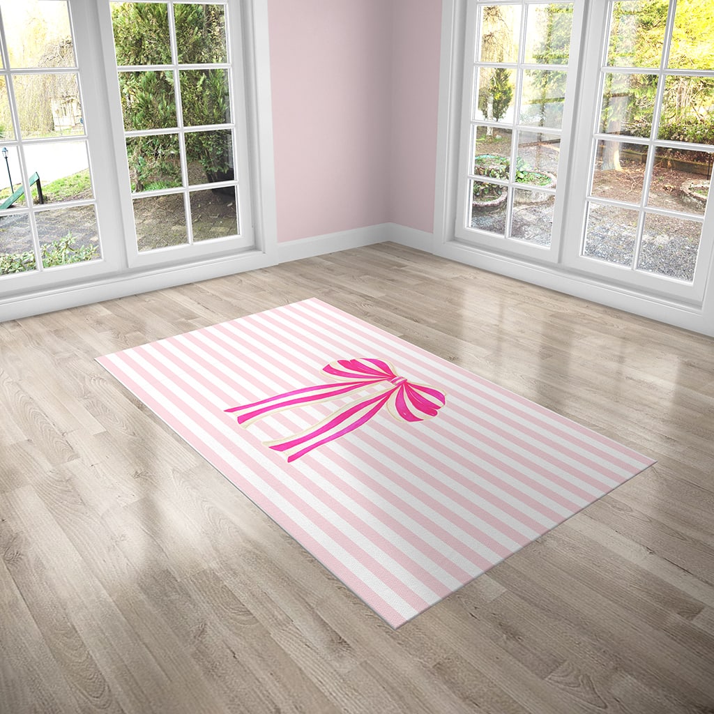 Pink Bow Striped Area Rug Pink, Stylish Feminine Glam Room Decor Rug