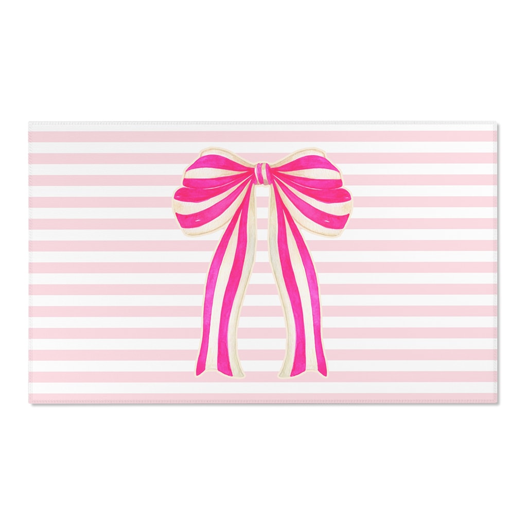 Pink Bow Striped Area Rug Pink, Stylish Feminine Glam Room Decor Rug