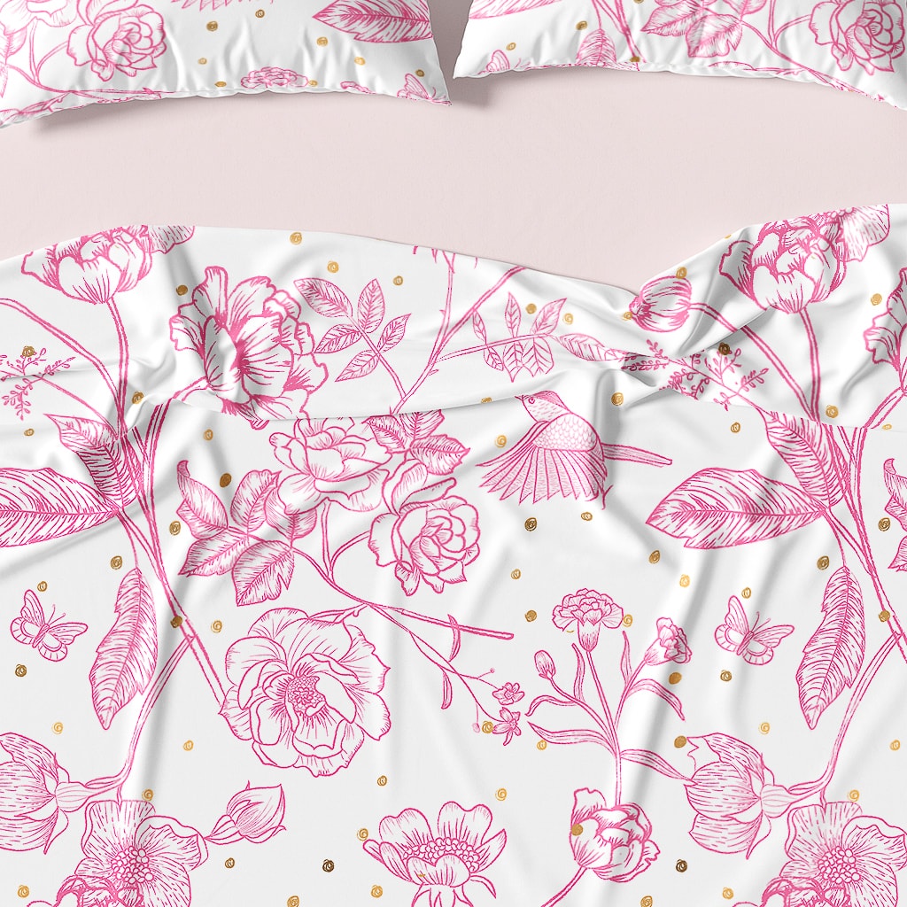 Pink Toile Duvet Cover - White and Pink Bedding with Flowers and Birds