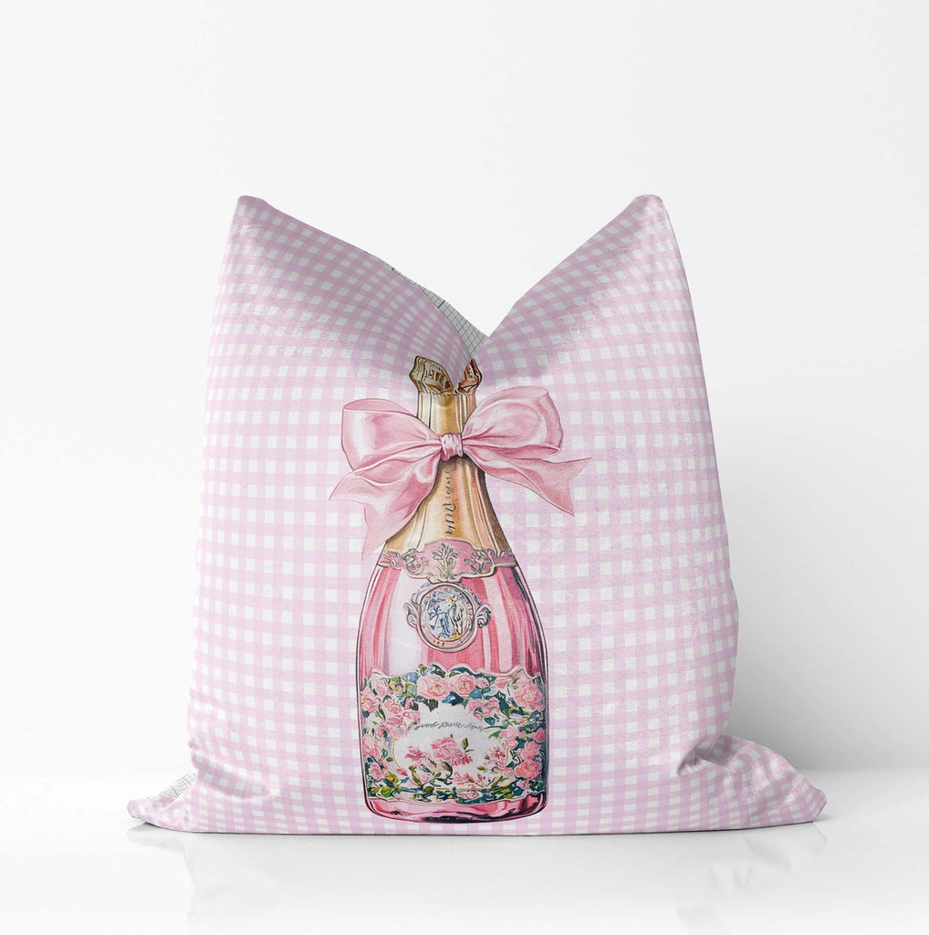 Pink Girly Coquette Throw Pillow with Champagne Bottles