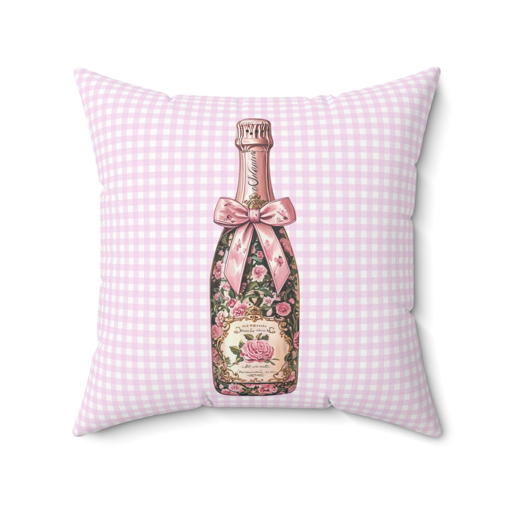 Pink Girly Coquette Throw Pillow with Champagne Bottles