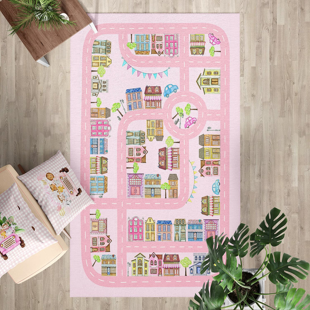 Pink Nursery Rug for Playrooms, Pink Kids Play Rug with Roads for Cars
