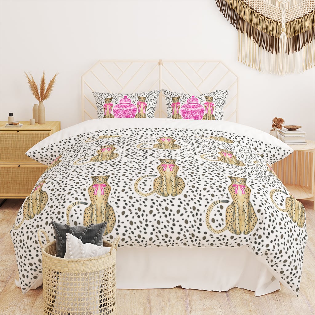 Dotted Preppy Duvet Cover Cheetah Pink, Preppy Twin Bedding for Girls
