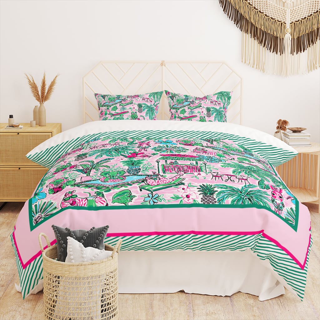 Preppy Duvet Cover Twin Size, Jungle Party Cute Bedding for Teen Girls