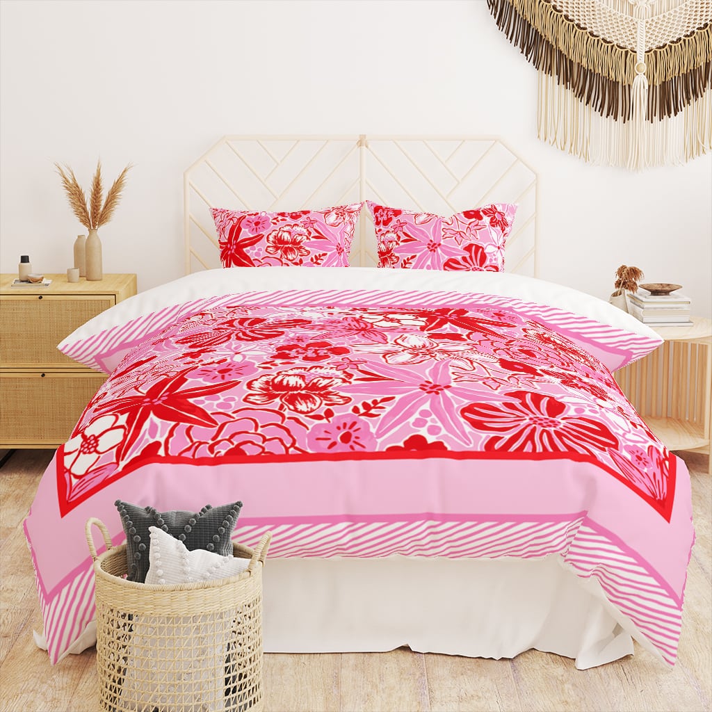 Preppy Duvet Cover Twin Pink Red Floral, Colorful Preppy Bedding