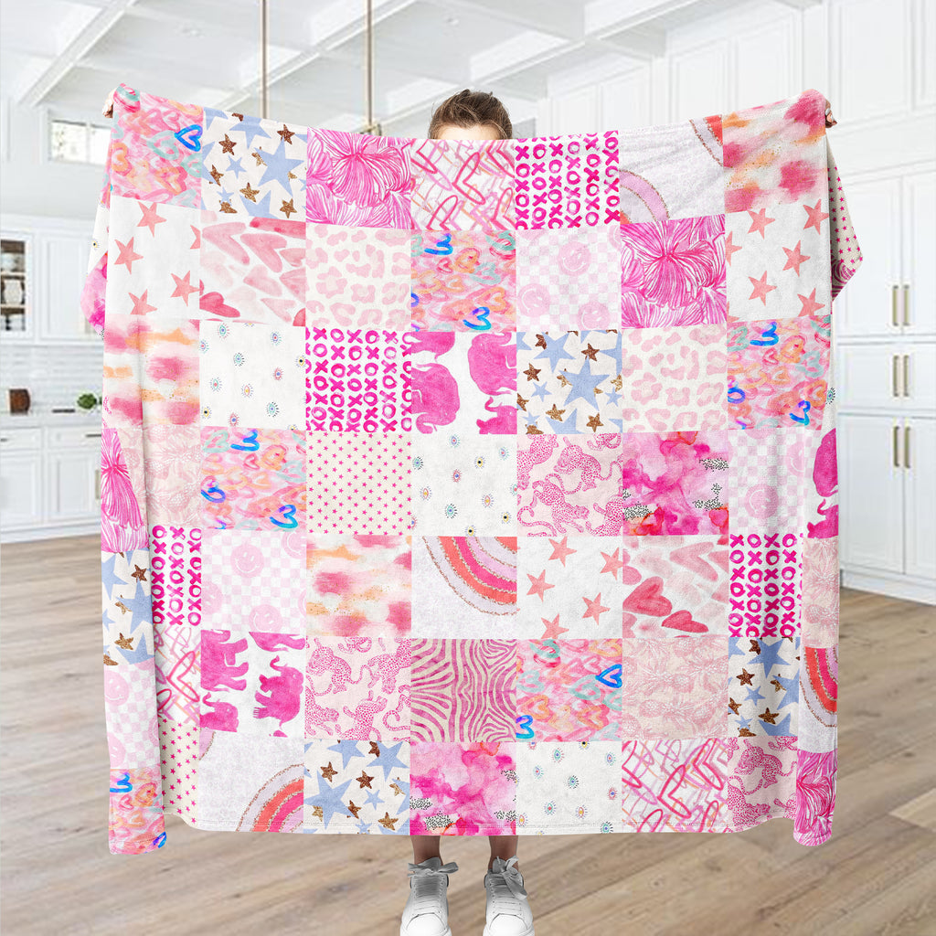 Pink Preppy Blanket Patchwork, Pink Preppy Aesthetic Blanket for Teens