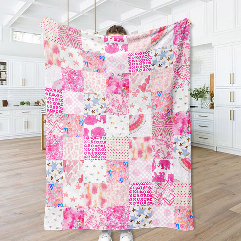 Pink Preppy Blanket Patchwork, Pink Preppy Aesthetic Blanket for Teens