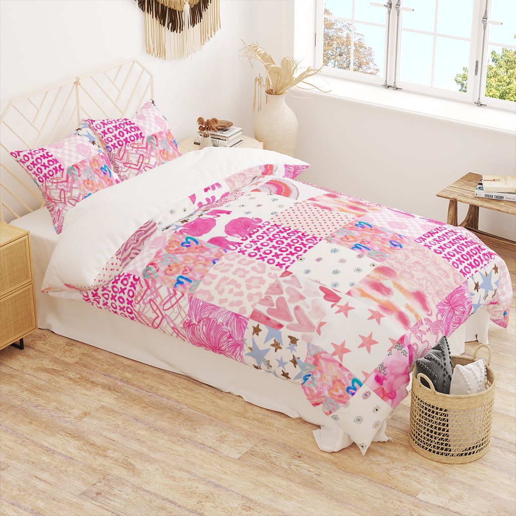 Preppy Duvet Cover, Cute Teen Bedding, Pink Dorm Bedding, Patchwork
