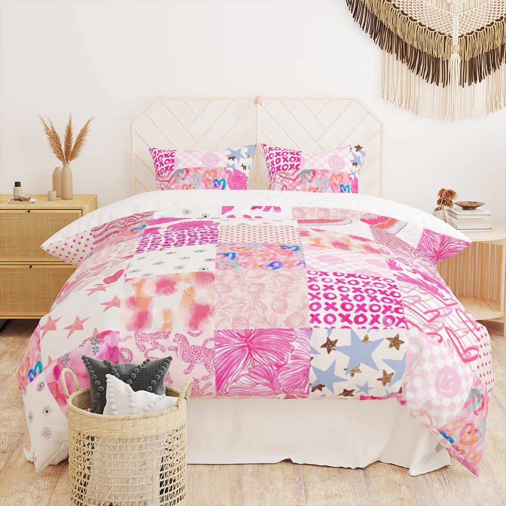 Preppy Duvet Cover, Cute Teen Bedding, Pink Dorm Bedding, Patchwork