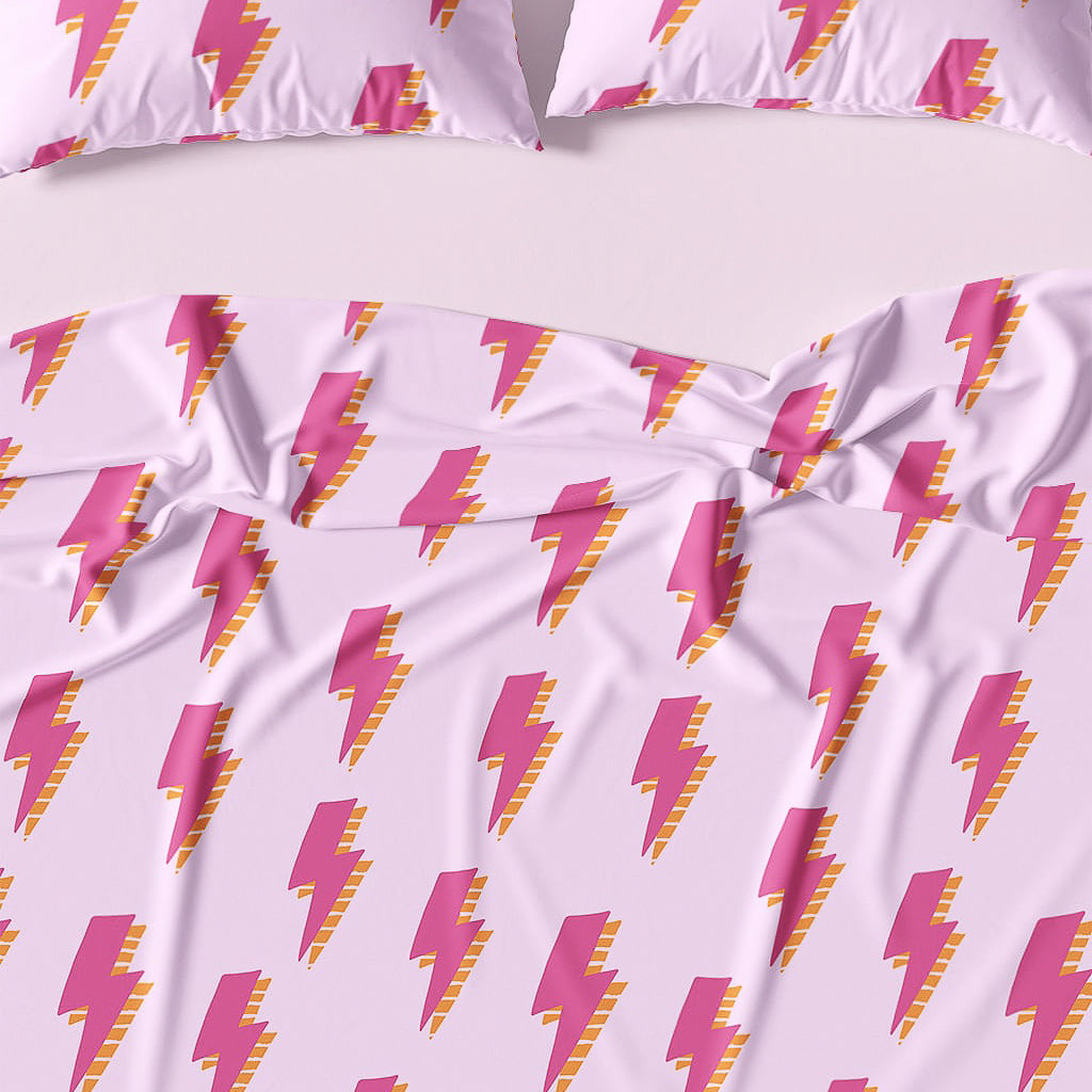 Pink Duvet Cover with Lightning Bolts, Pink Preppy Bedding for Teens