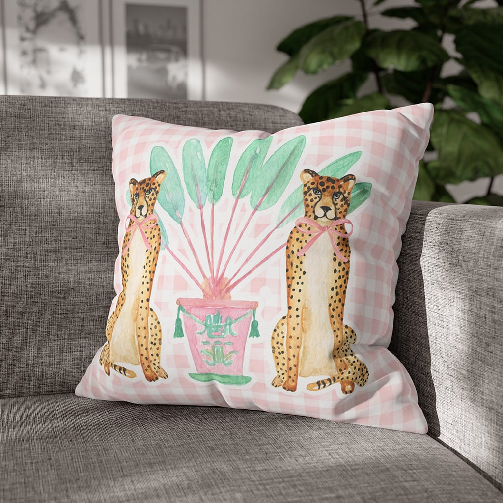 Preppy Throw Pillow Cheetah Gingham Tropical Pink