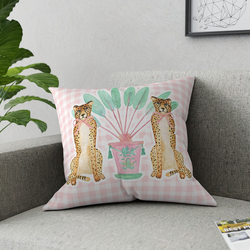 Preppy Throw Pillow Cheetah Gingham Tropical Pink