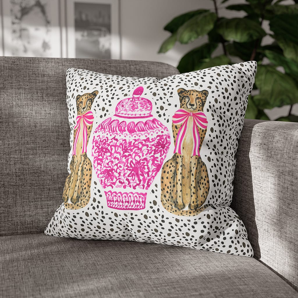 Preppy Throw Pillow Cheetah Pink Chinoiserie Vase, Decorative Cushion