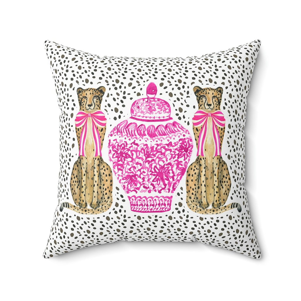 Preppy Throw Pillow Cheetah Pink Chinoiserie Vase, Decorative Cushion