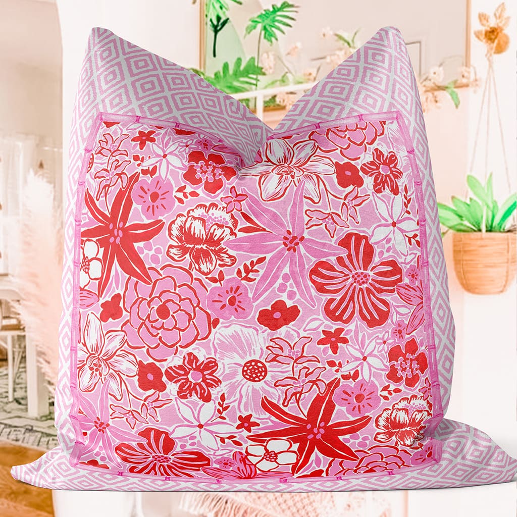 Preppy Throw Pillow Pink Red Floral