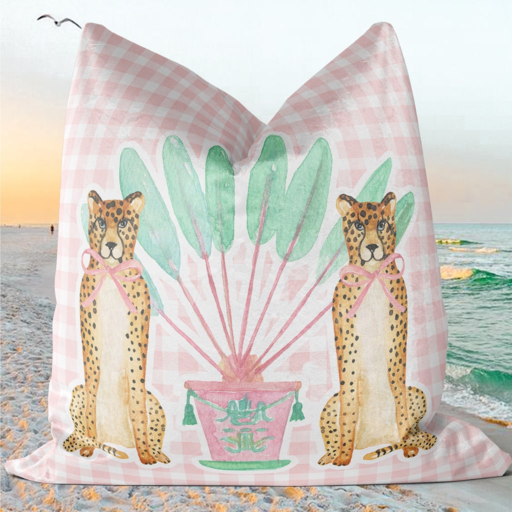 Preppy Gingham Throw Pillow Tropical Cheetah, Pink Preppy Room Decor