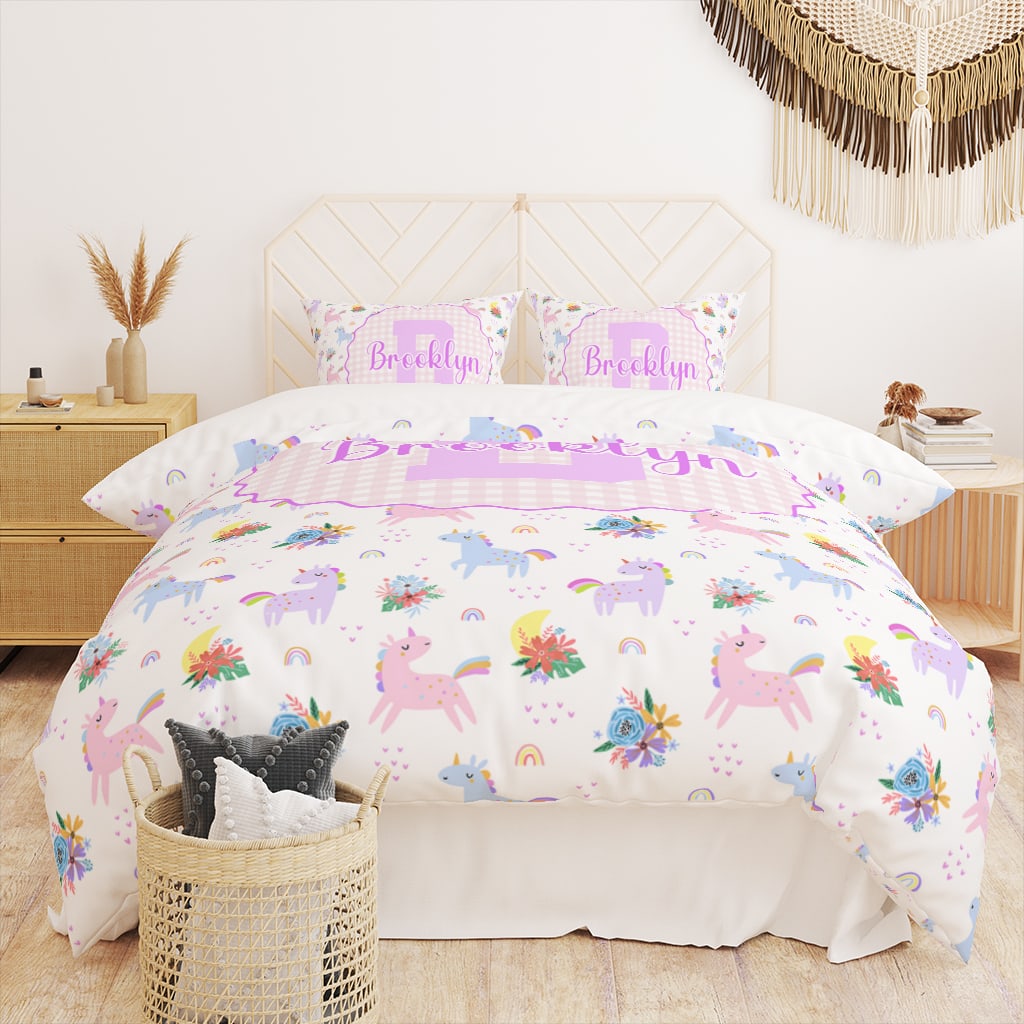 Rainbow Unicorns Custom Duvet Cover Girls, Cute Bedding for Girls