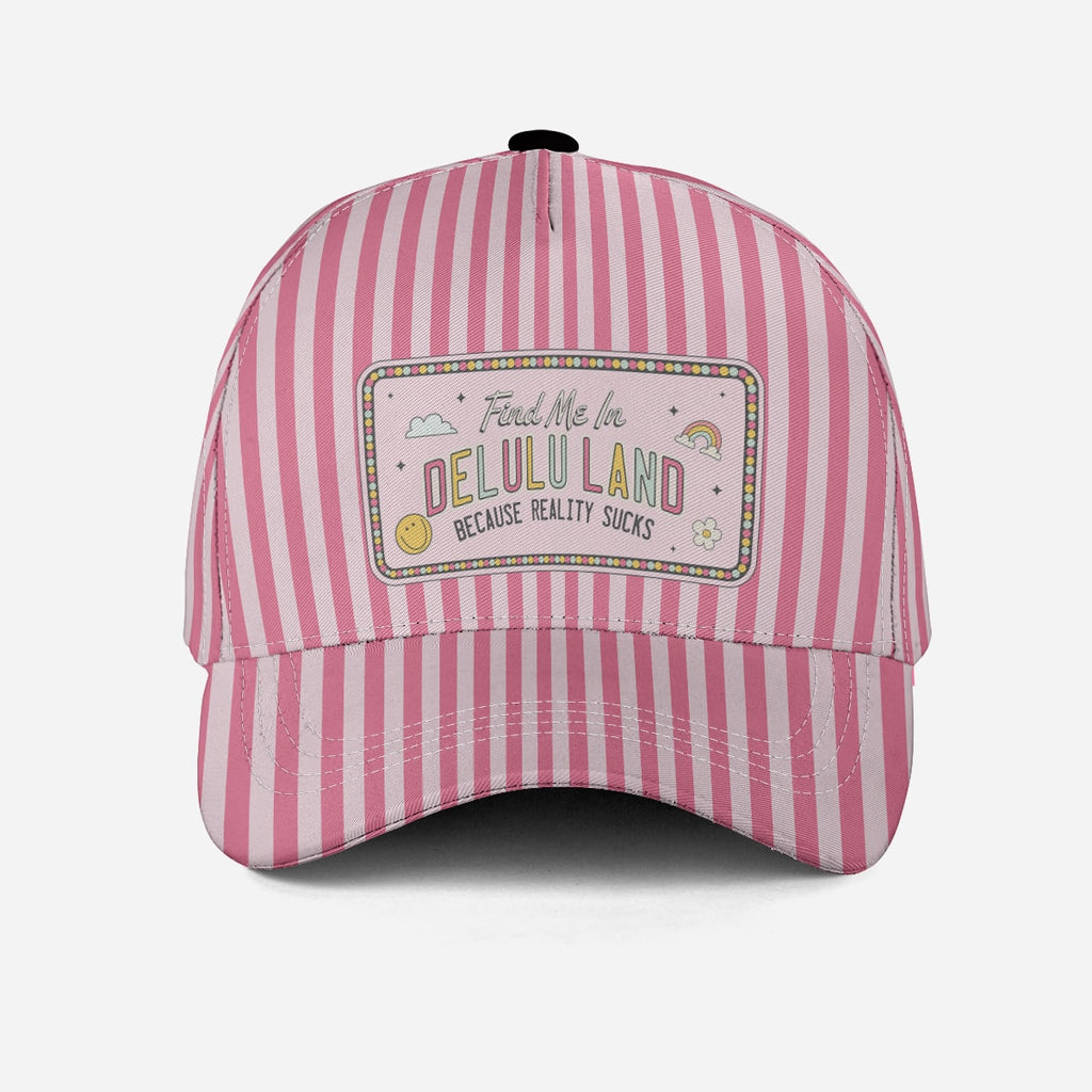 cute baseball hat for women with pink stripes and delulu land funny text
