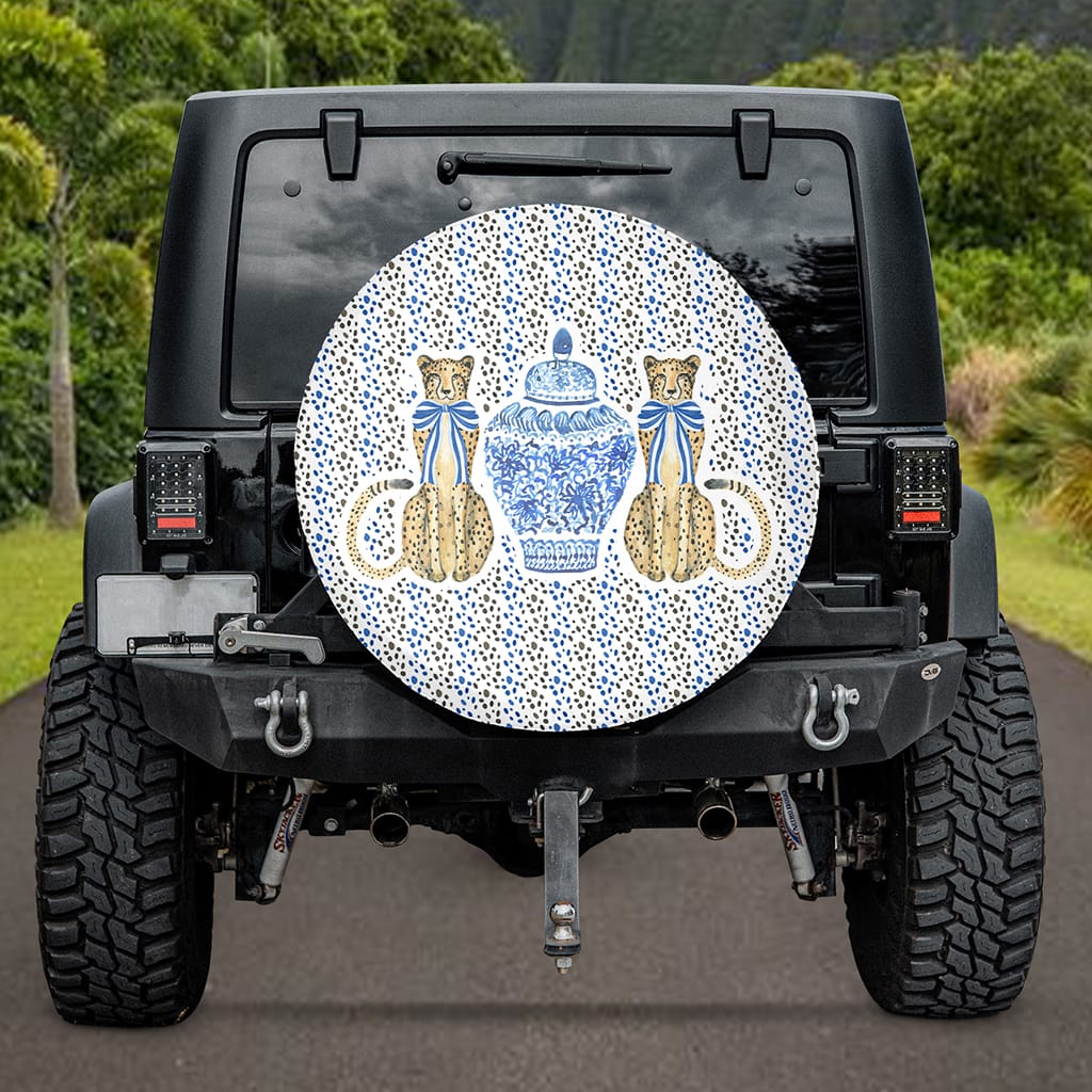 Blue Chinoiserie Spare Tire Cover, Cheetah Preppy Car Decor Women