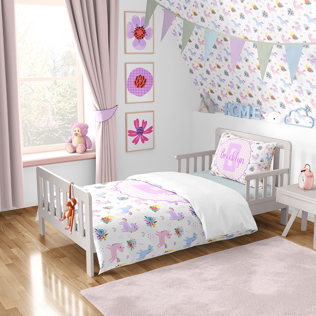 Rainbow Unicorns Custom Comforter Girls, Monogrammed Bedding for Girls