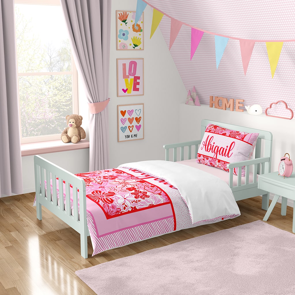 Custom Comforter Floral Pink Red, Personalized Dorm Bedding for Girls
