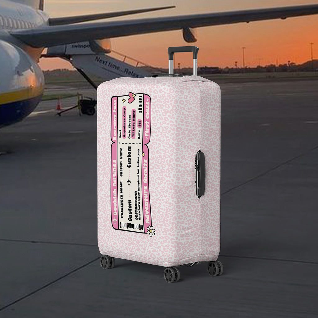 custom luggage cover with personalized airport boarding pass, pink cheetah print