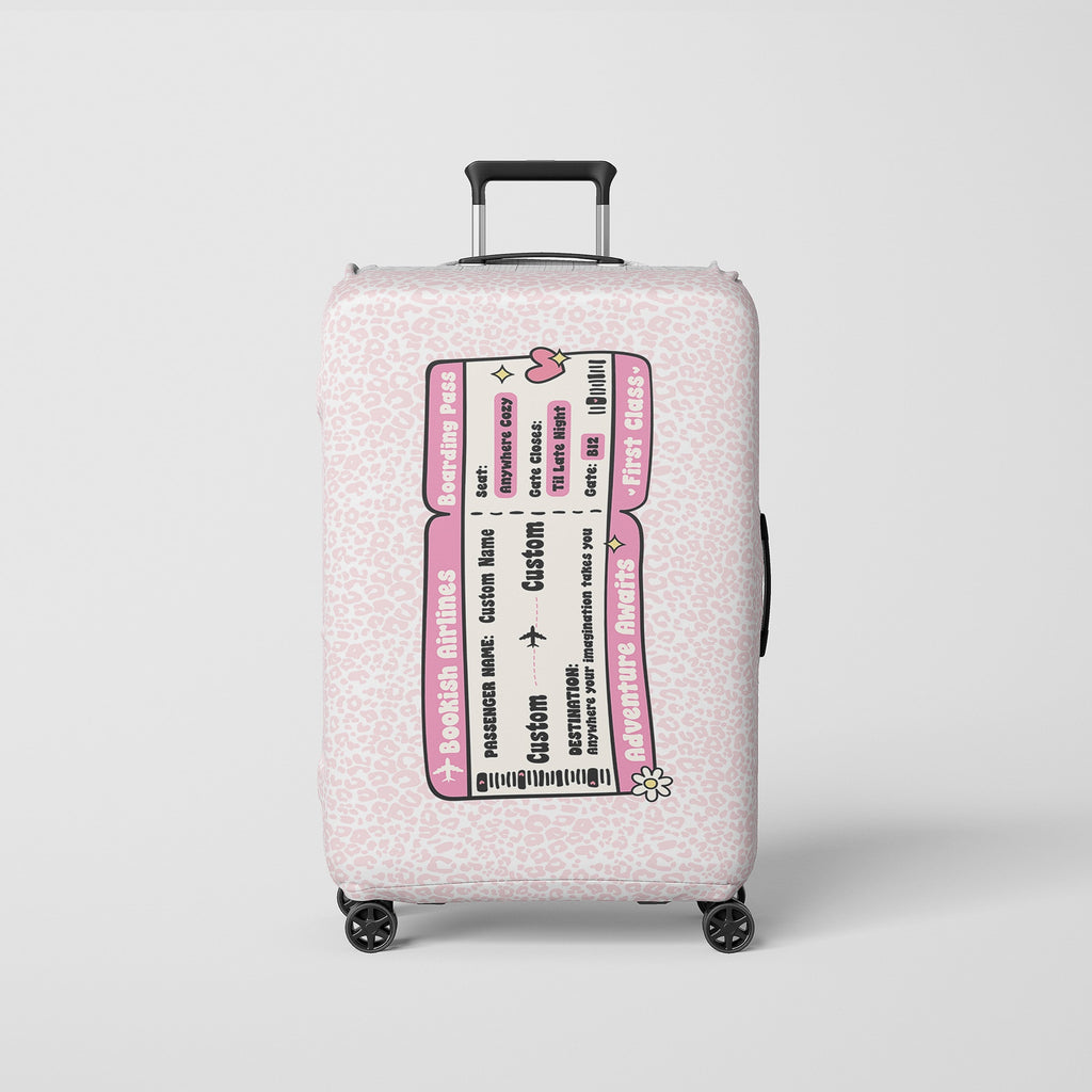 custom luggage cover with personalized airport boarding pass, pink cheetah print