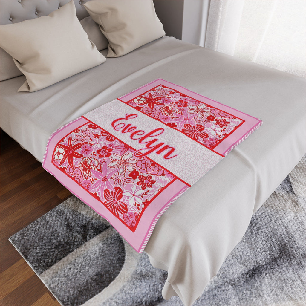 Custom Blanket Preppy Flowers, Pink Personalized Blanket with Name