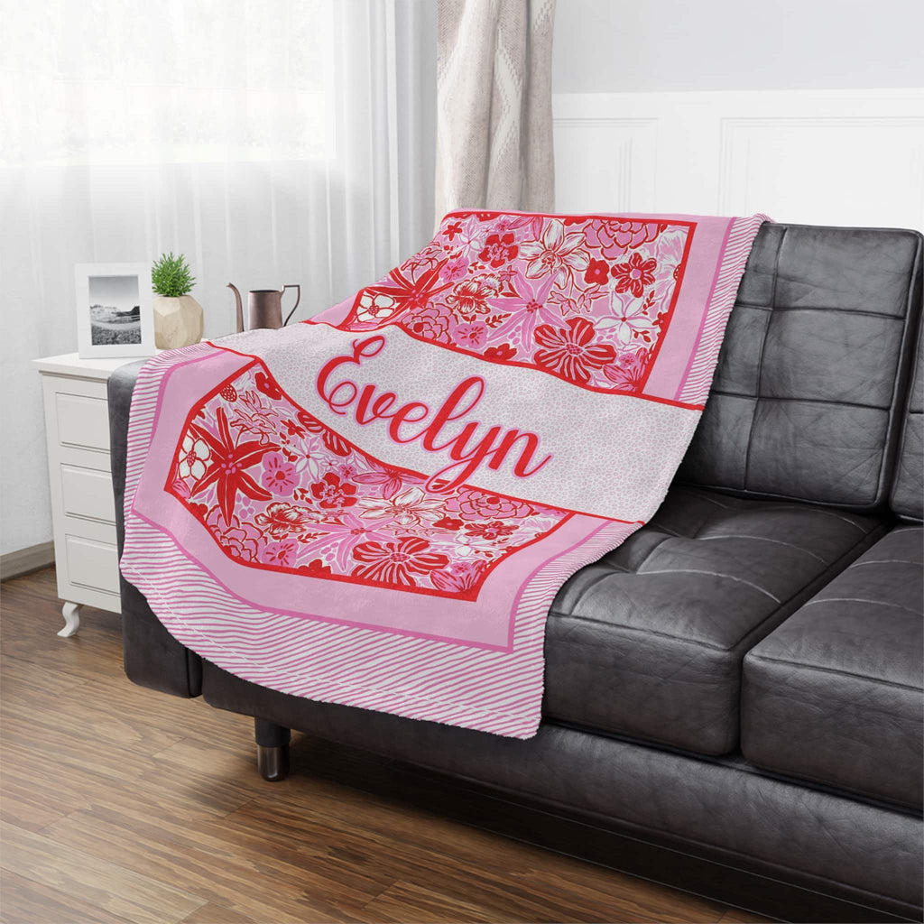 Custom Blanket Preppy Flowers, Pink Personalized Blanket with Name