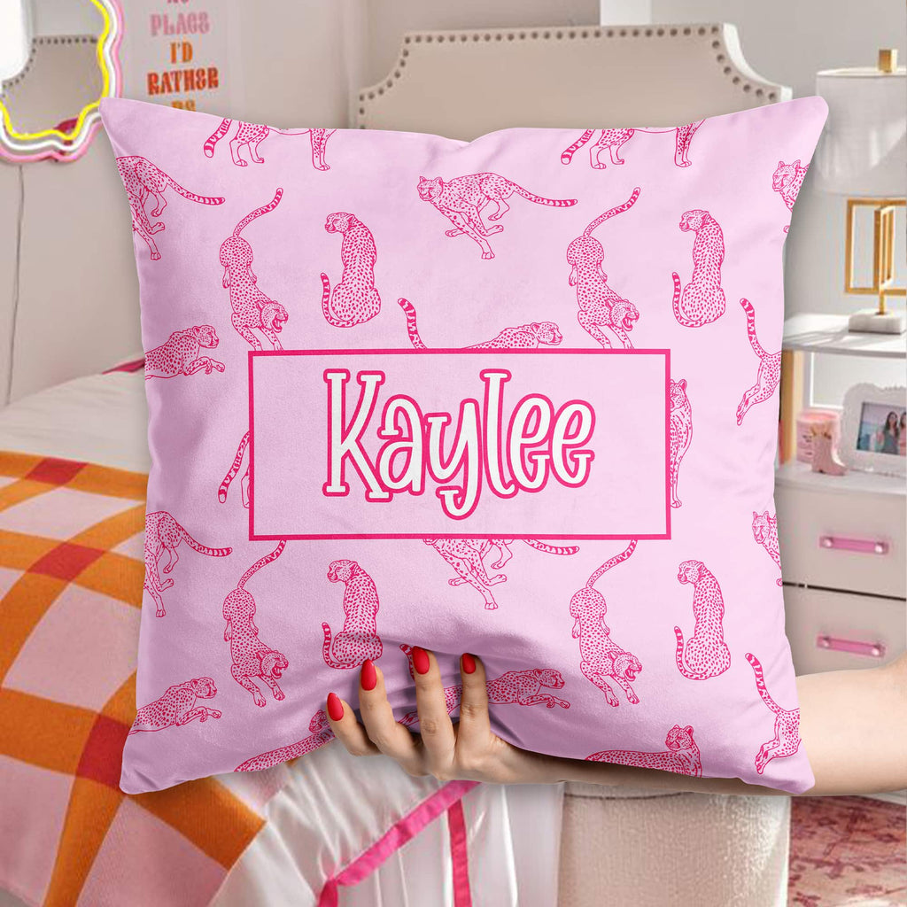 Pink Preppy Cheetah Custom Name Pillow, Personalized Preppy Pillow