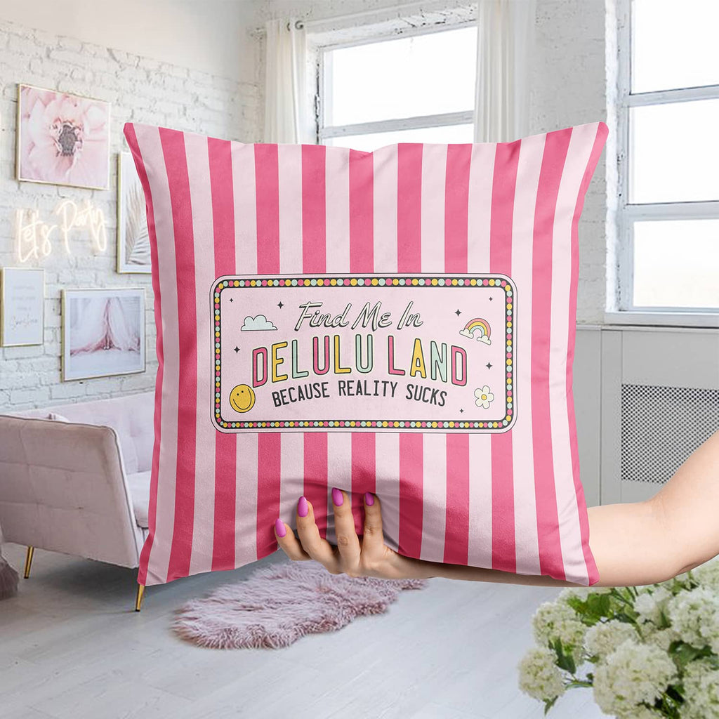 Delulu Land Cute Trendy Decorative Pillow with pink stripes