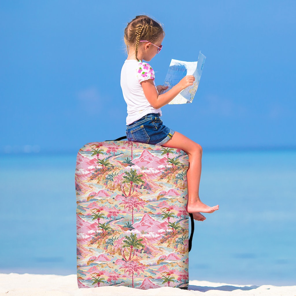 Luggage Cover for Women with Pink Desert and Palm Trees Illustrations