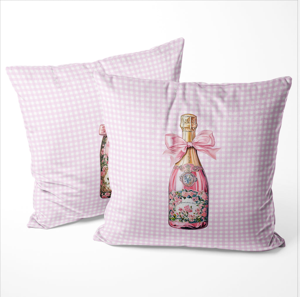 Pink Girly Coquette Throw Pillow with Champagne Bottles