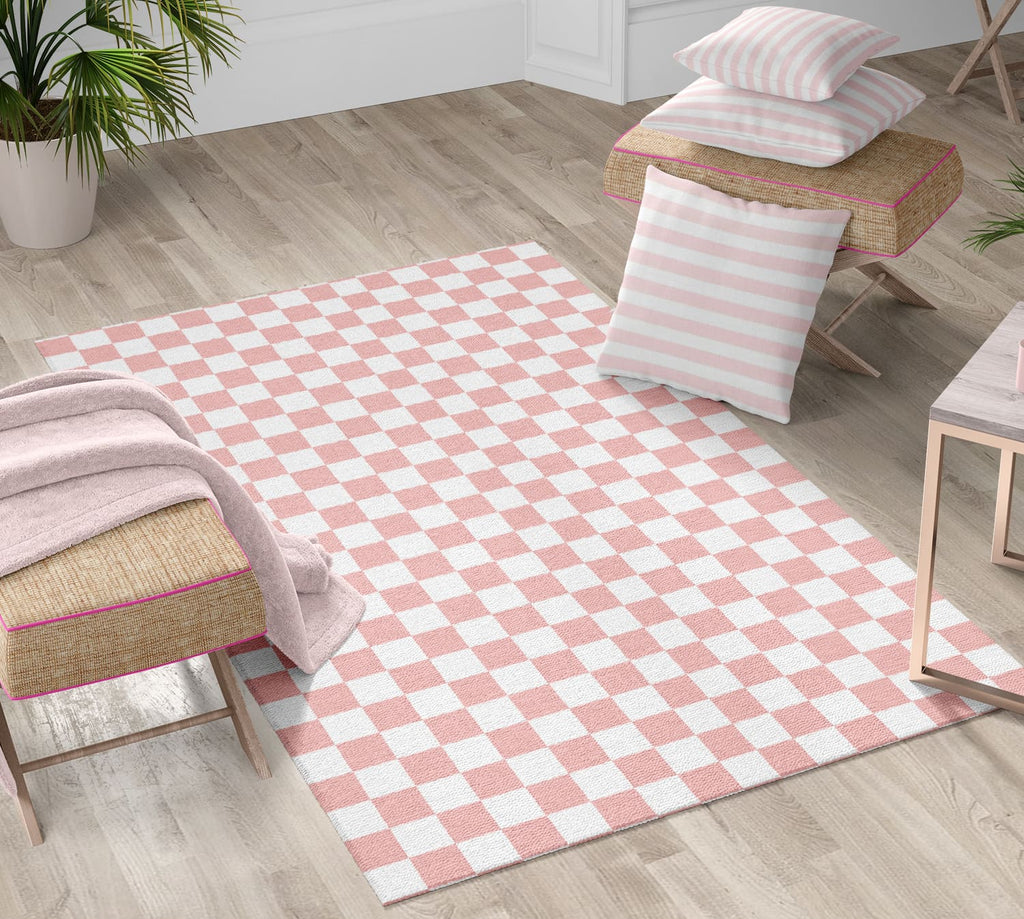 Checkered Rug Pink, Classic Preppy Rug, Low Pile Carpet for Teens