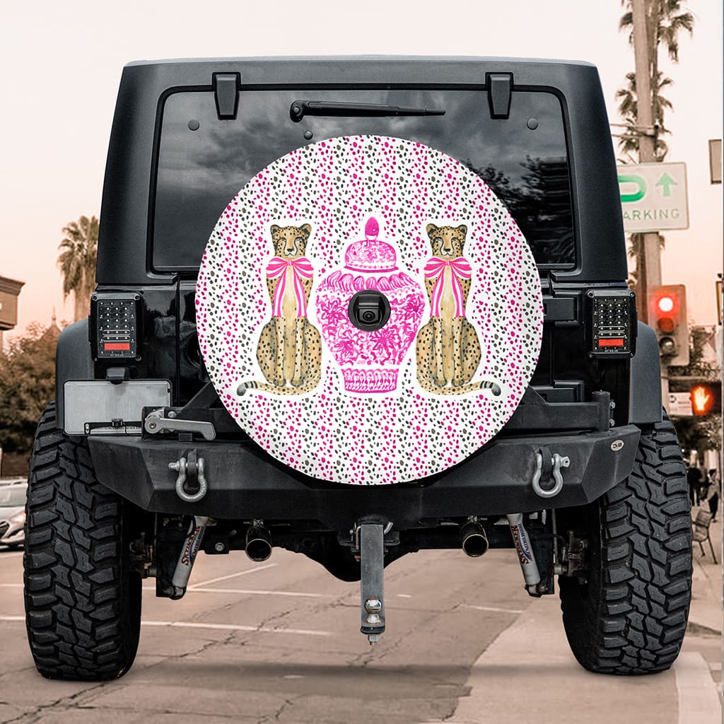 Pink Chinoiserie Cheetah Tire Cover Backup Camera Compatible