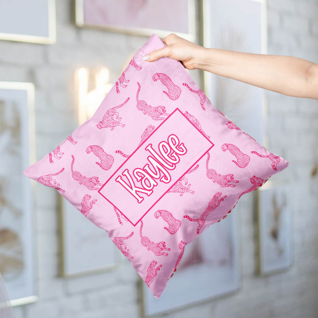 Pink Preppy Cheetah Custom Name Pillow, Personalized Preppy Pillow