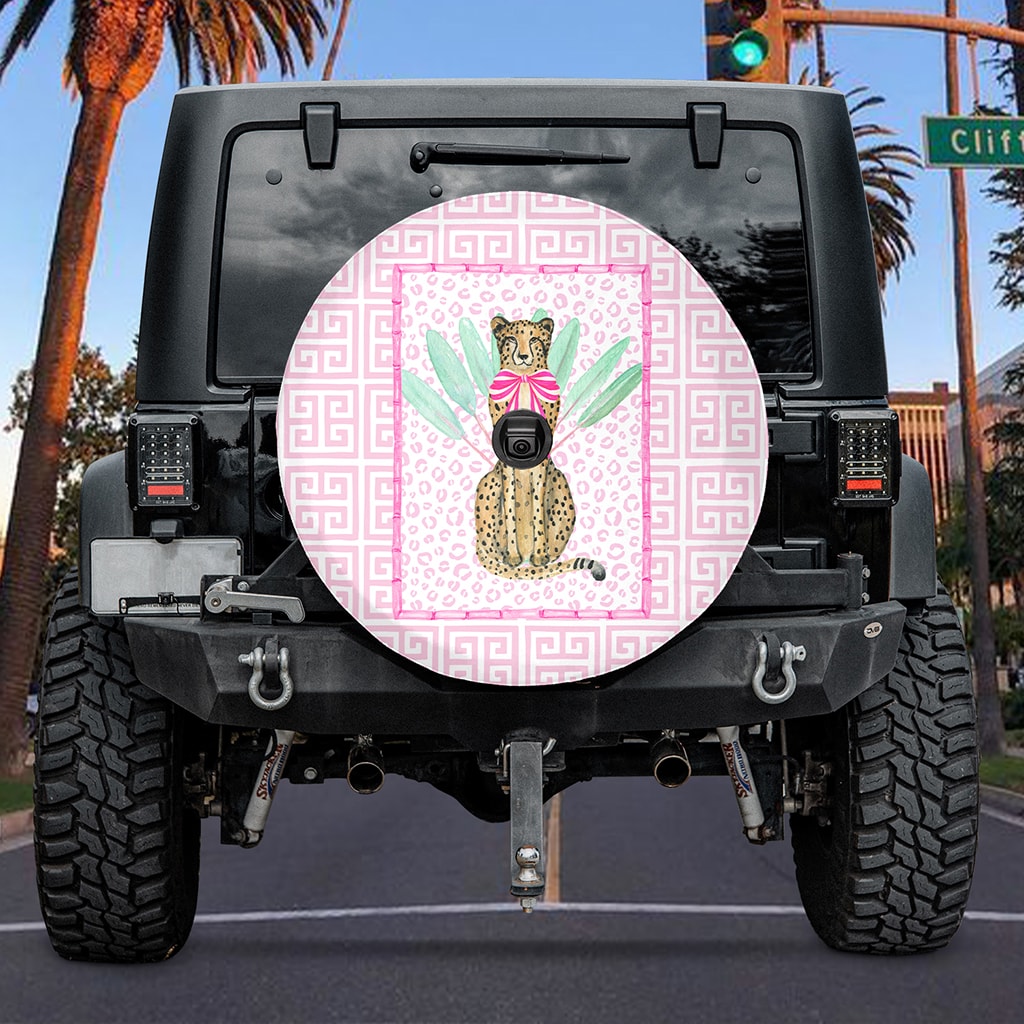 Pink Preppy Cheetah Tire Cover for Women Backup Camera Compatible