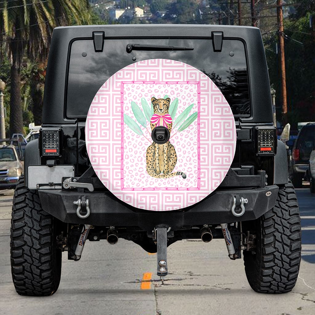 Pink Preppy Cheetah Tire Cover for Women Backup Camera Compatible