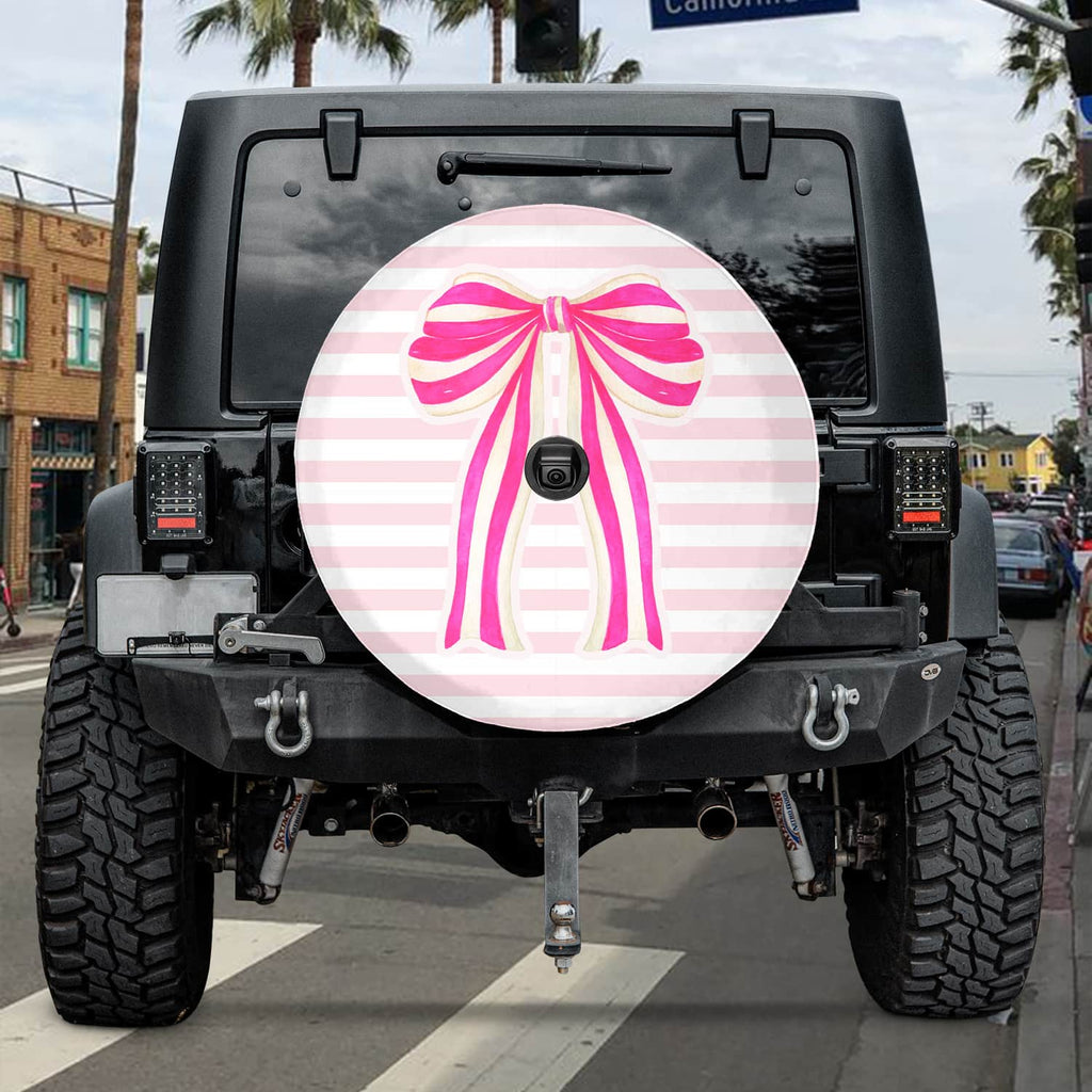 Pink Ribbon Striped Spare Tire Cover with Backup Camera Hole for Women