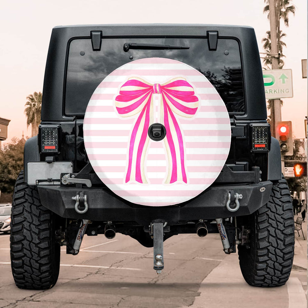 Pink Ribbon Striped Spare Tire Cover with Backup Camera Hole for Women