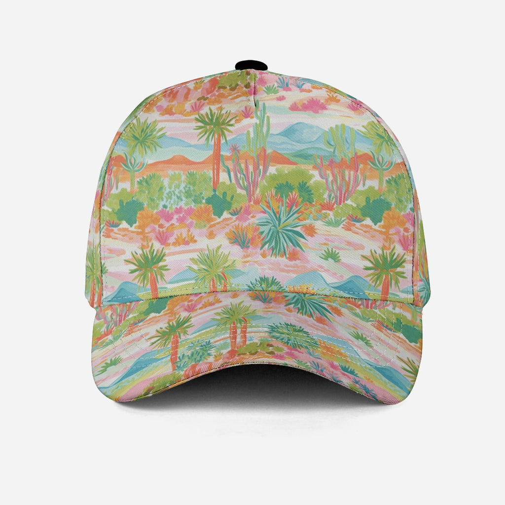 womens baseball hat for summer with palm trees and cacti, green and pink