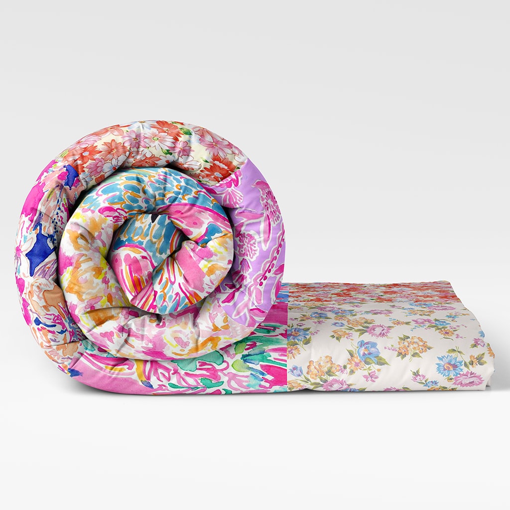Preppy Floral Comforter, Pink Patchwork Teen Bedding, Dorm Bedding