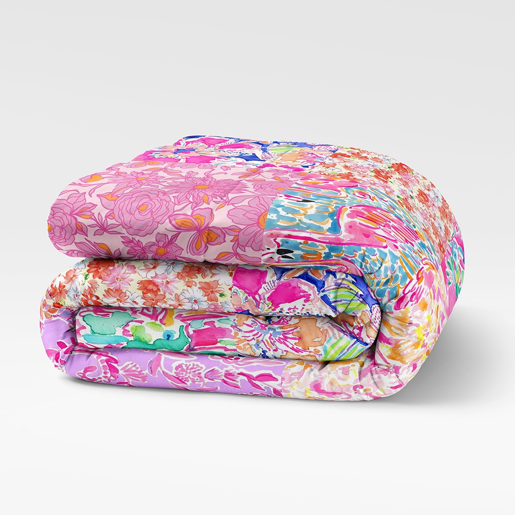 Preppy Floral Comforter, Pink Patchwork Teen Bedding, Dorm Bedding