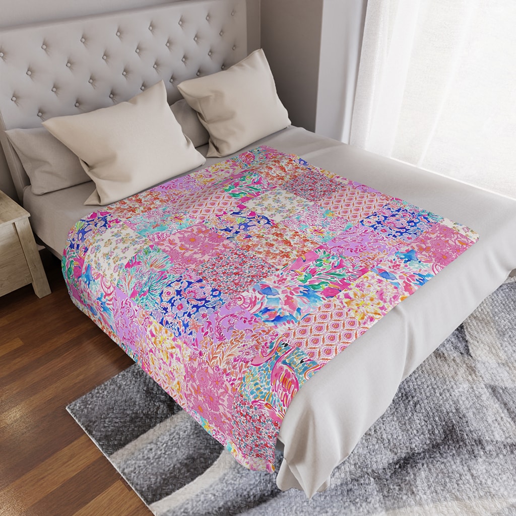 Colorful Floral Blanket, Patchwork Preppy Blanket, Aesthetic Blanket