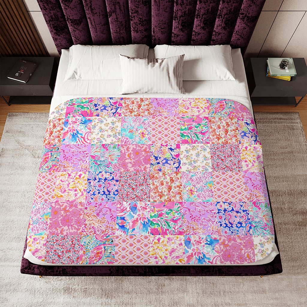 Colorful Floral Blanket, Patchwork Preppy Blanket, Aesthetic Blanket
