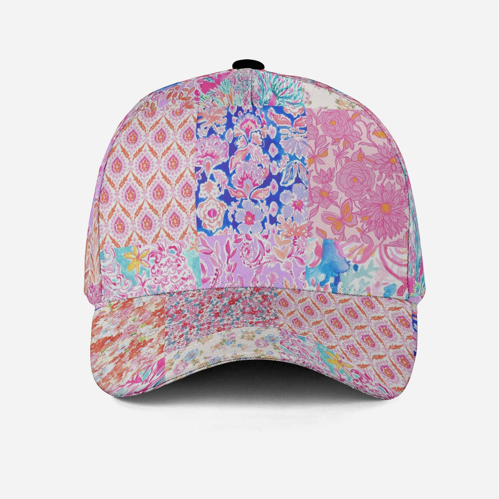 cute baseball hat for women, colorful with floral pattern in pink and blue